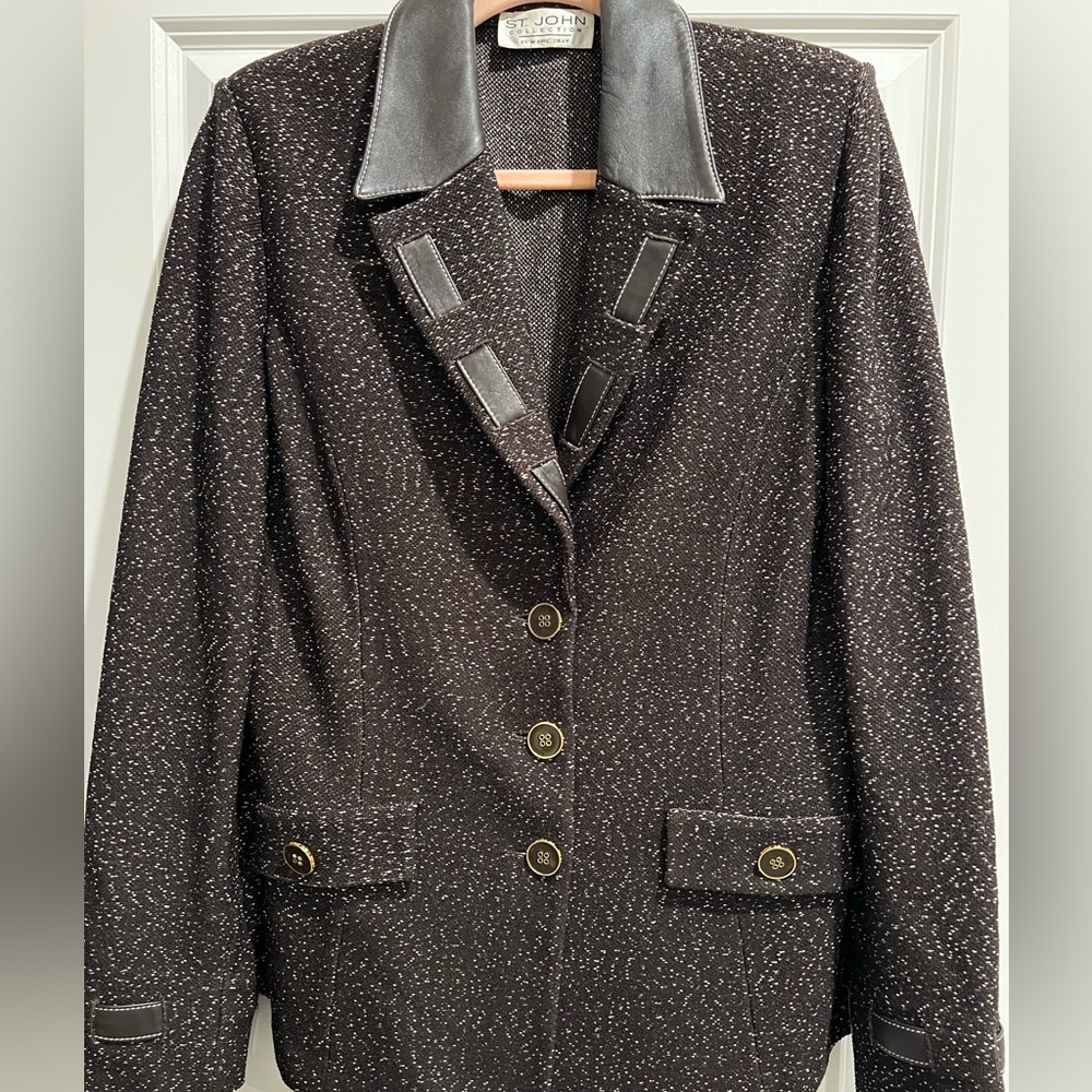 St. John Collection Brown Tweed Blazer with Leather Accents and Matching Pants